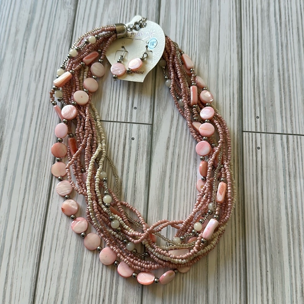 13 Strand Pink Beaded Necklace and Earrings